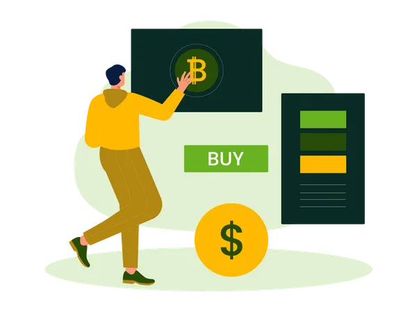 El hombre compra bitcoin con dólar  Ilustración