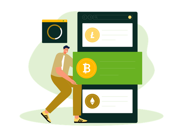 El hombre compra bitcoin desde un intercambio móvil  Ilustración