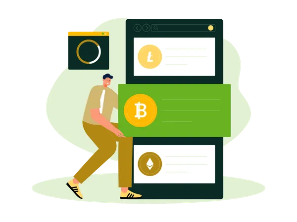 El hombre compra bitcoin desde un intercambio móvil  Ilustración