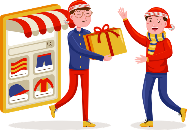 El hombre compra compras en línea en rebajas navideñas.  Ilustración