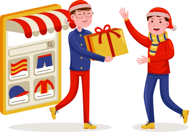 El hombre compra compras en línea en rebajas navideñas.  Ilustración