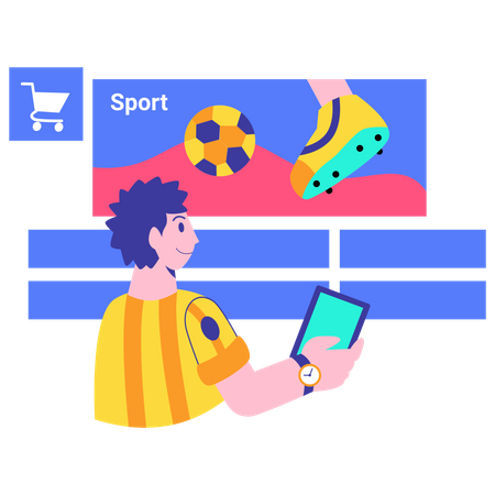 Hombre de compras de categoría deportiva.  Ilustración