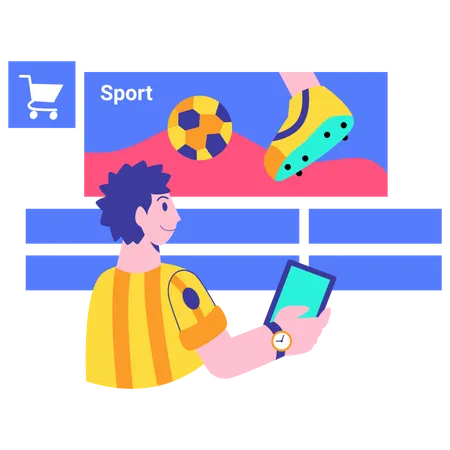 Hombre de compras de categoría deportiva.  Ilustración