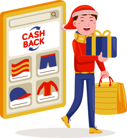 Hombre de compras en línea en rebajas navideñas  Ilustración