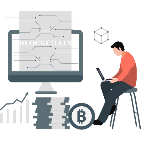 Hombre comprobando la cadena de bloques de Bitcoin  Ilustración