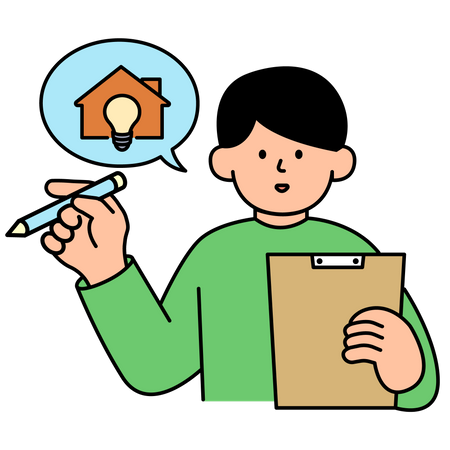 Hombre revisando la lista de verificación de ahorro de energía en el hogar  Ilustración