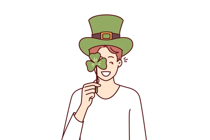 Hombre con accesorios de celebración del Día de San Patricio con sombrero verde y ojo cubierto con pétalos de trébol  Ilustración