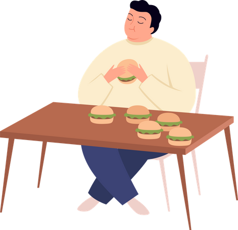 Hombre con adicción a la comida poco saludable  Ilustración