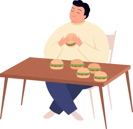 Hombre con adicción a la comida poco saludable  Ilustración