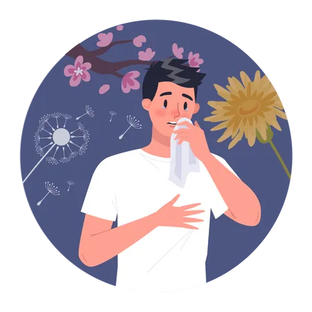 Hombre con alergia al polen  Ilustración