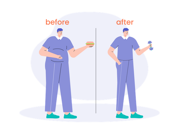 Hombre con antes y después de la pérdida de peso.  Ilustración