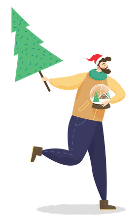 Hombre con árbol de Navidad  Ilustración