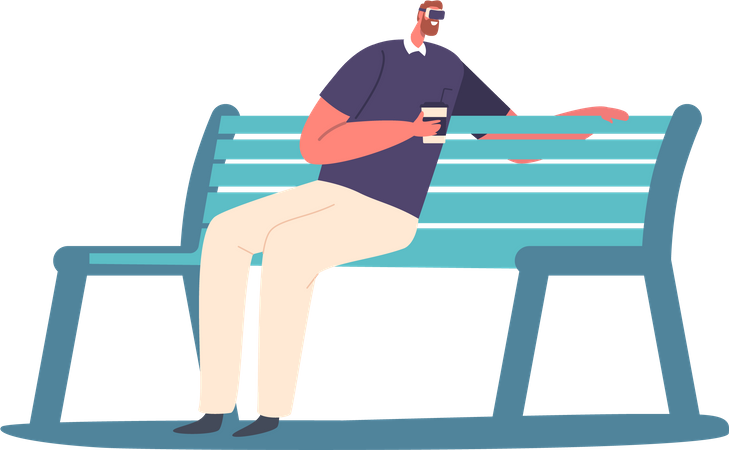 Hombre con auriculares sentado en un banco con una taza de café en la mano  Ilustración