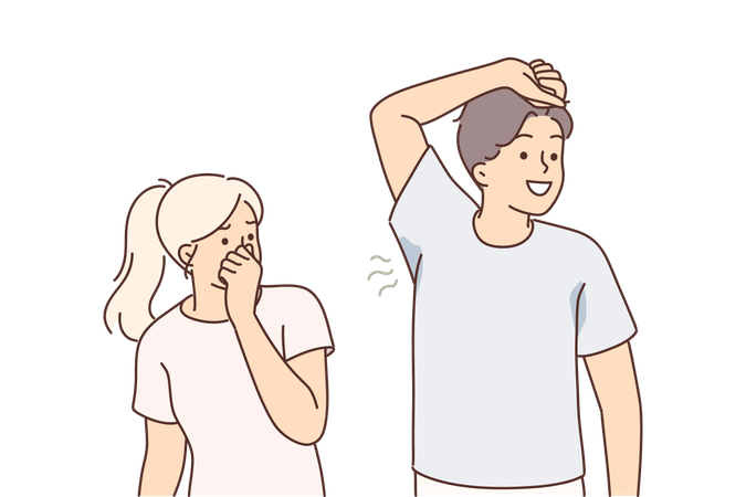 Hombre con axila sudorosa que emite un olor desagradable cerca de una mujer que está disgustada y se pellizca la nariz  Ilustración