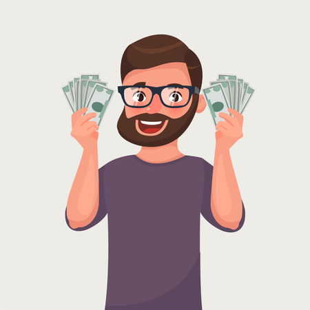 Hombre de barba hipster con billetes de dinero en sus manos  Ilustración