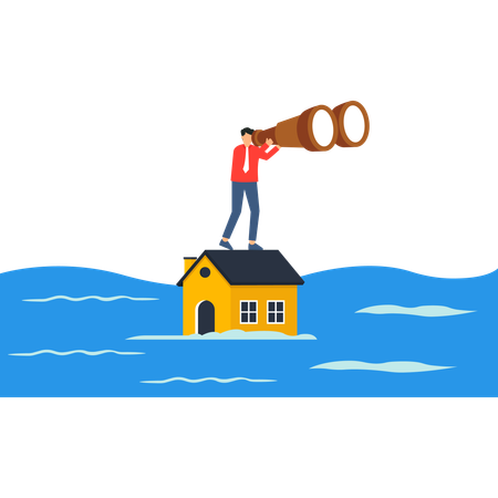 Un hombre con binoculares en una casa inundada busca soluciones  Ilustración