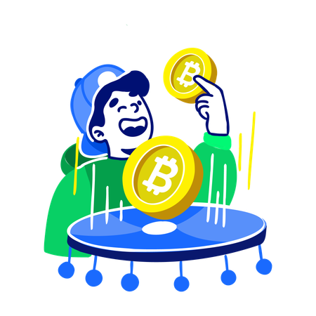 Hombre con Bitcoin rebotando  Ilustración