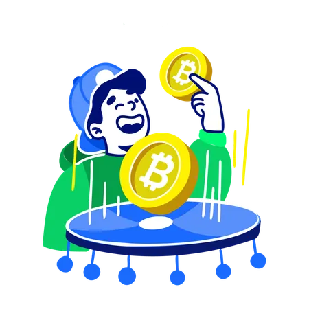 Hombre con Bitcoin rebotando  Ilustración