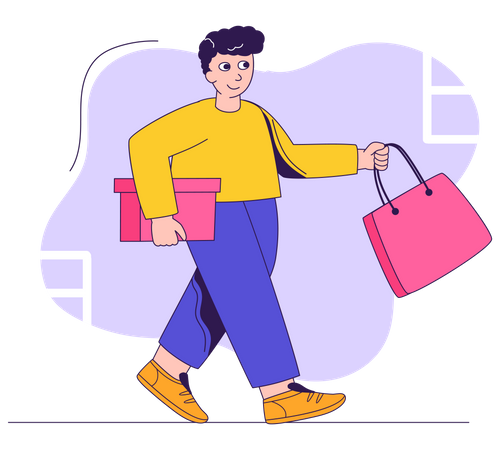 Hombre con bolsa de compras y caja.  Ilustración