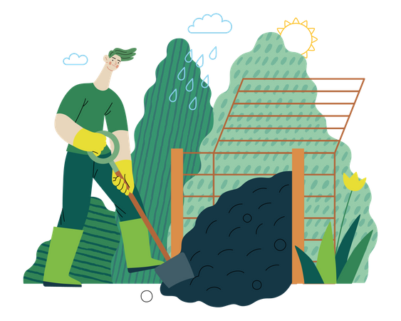 Hombre con botas de goma cavando compostador  Ilustración