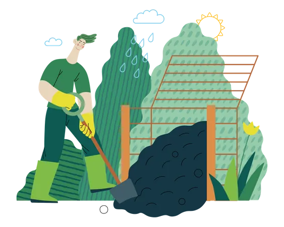 Hombre con botas de goma cavando compostador  Ilustración
