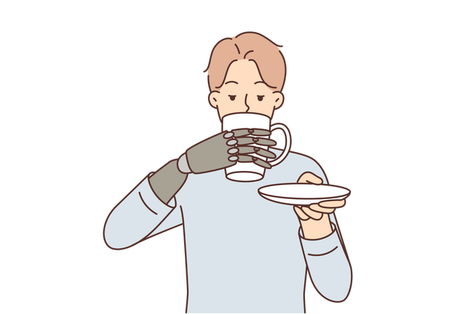Hombre con brazo protésico biónico bebe café  Ilustración