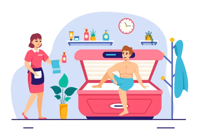 Hombre con procedimiento en cama para conseguir una piel exótica con tecnología moderna en el Spa Solarium  Ilustración