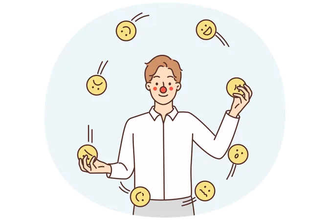 Un hombre con cara de payaso hace malabarismos con emoticones que simbolizan el intento de ocultar sus propias emociones.  Ilustración