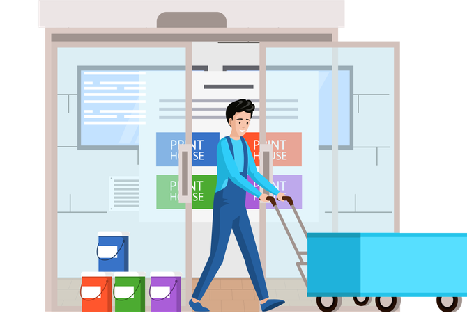 Hombre con carretilla transporta equipos para impresoras, tintas, pinturas y materiales para el trabajo de la impresora.  Ilustración