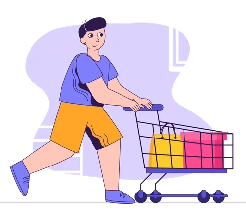 Hombre con carrito de compras  Ilustración