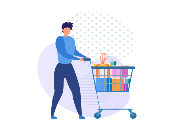 Hombre con carrito de compras y productos de compras.  Ilustración