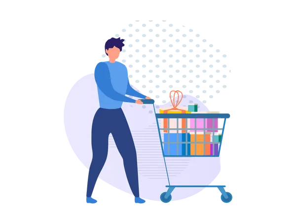 Hombre con carrito de compras y productos de compras.  Ilustración