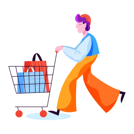 Hombre con carrito de compras  Ilustración