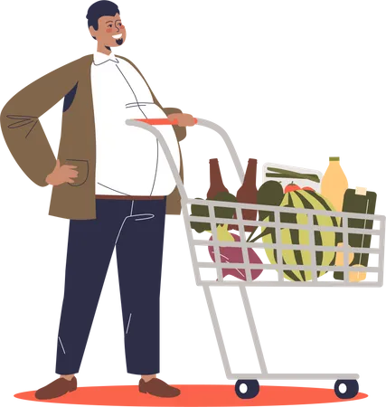 Hombre con carrito de compras comprando comida en la tienda  Ilustración