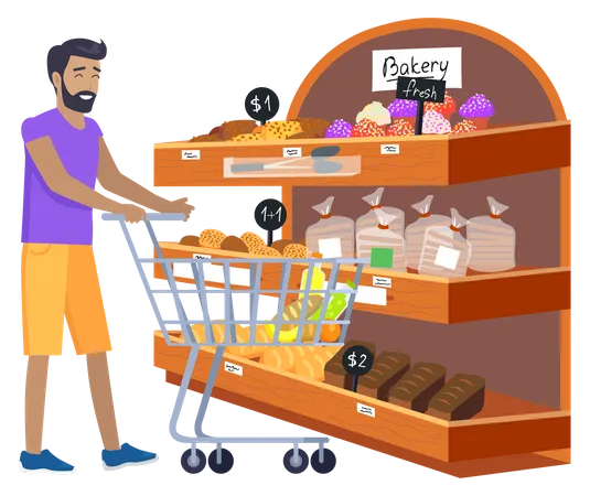 El hombre con carrito de compras elige pasteles en la panadería  Ilustración