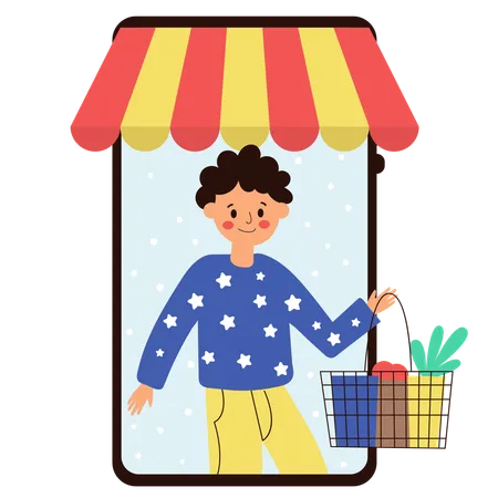 Hombre con carrito de compras haciendo compras en línea  Ilustración