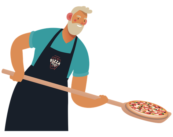 Hombre con cáscara de madera poniendo pizza en el horno  Ilustración