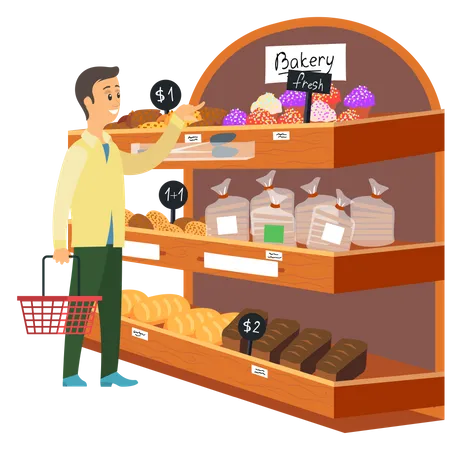 El hombre con la cesta elige pasteles en la tienda de comestibles  Ilustración
