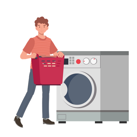 Hombre con cesta de tela y lavando ropa  Ilustración