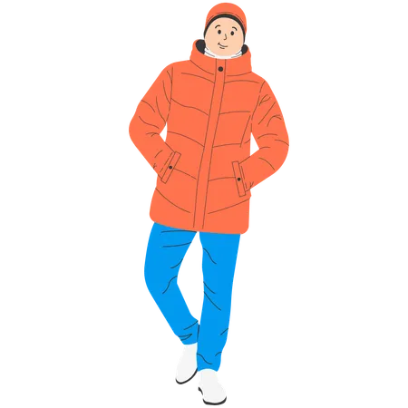 Hombre con chaqueta naranja caminando en invierno  Ilustración