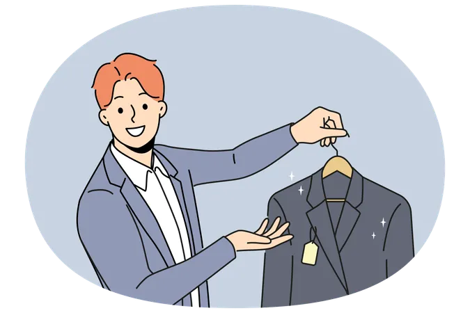 Un hombre sostiene una chaqueta nueva con etiqueta y ofrece comprar ropa de trabajo para gerentes.  Ilustración