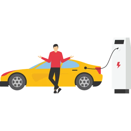 Hombre con coche eléctrico en la bomba de carga  Ilustración