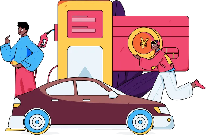 Hombre con coche en la gasolinera  Ilustración