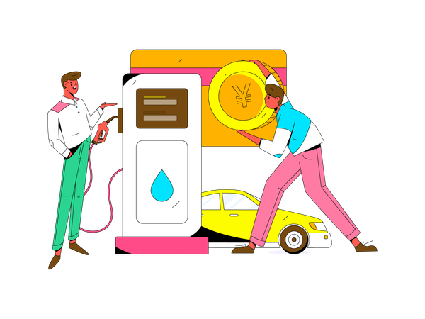Hombre con coche en la gasolinera  Ilustración