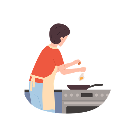 Un hombre con delantal fríe huevos para el desayuno.  Ilustración