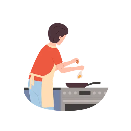Un hombre con delantal fríe huevos para el desayuno.  Ilustración