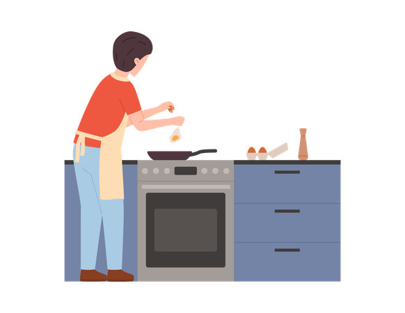 Hombre con delantal preparando huevos revueltos y gente disfrutando de cocinar en la cocina.  Ilustración