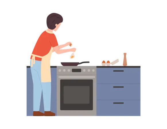 Hombre con delantal preparando huevos revueltos y gente disfrutando de cocinar en la cocina.  Ilustración