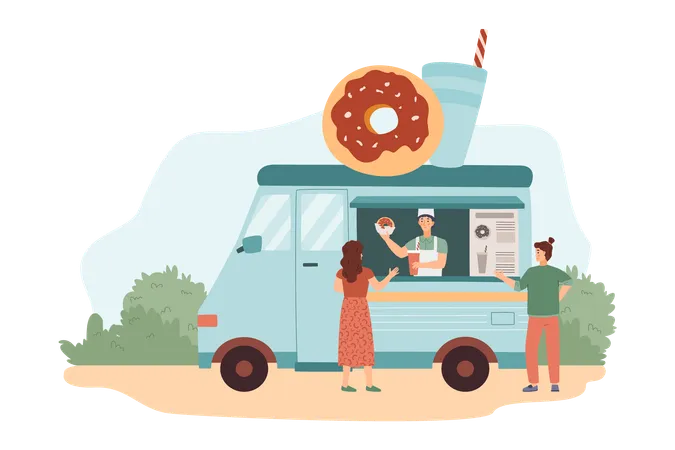 Hombre con delantal vende donas y bebidas en camioneta o camión  Ilustración