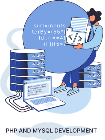Hombre con desarrollo PHP y MySql  Ilustración